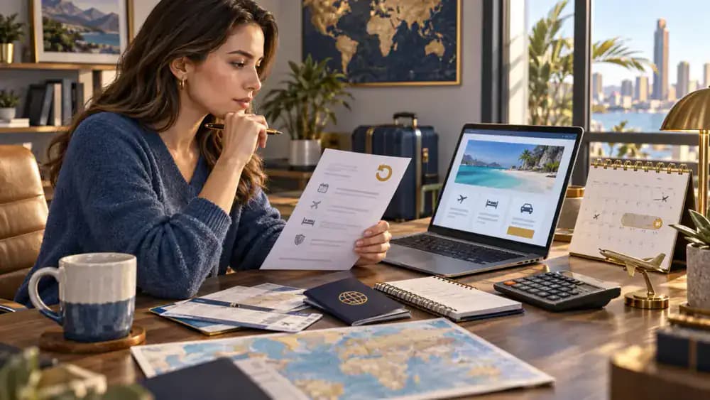 Traveler reviewing cancellation terms before confirming a trip