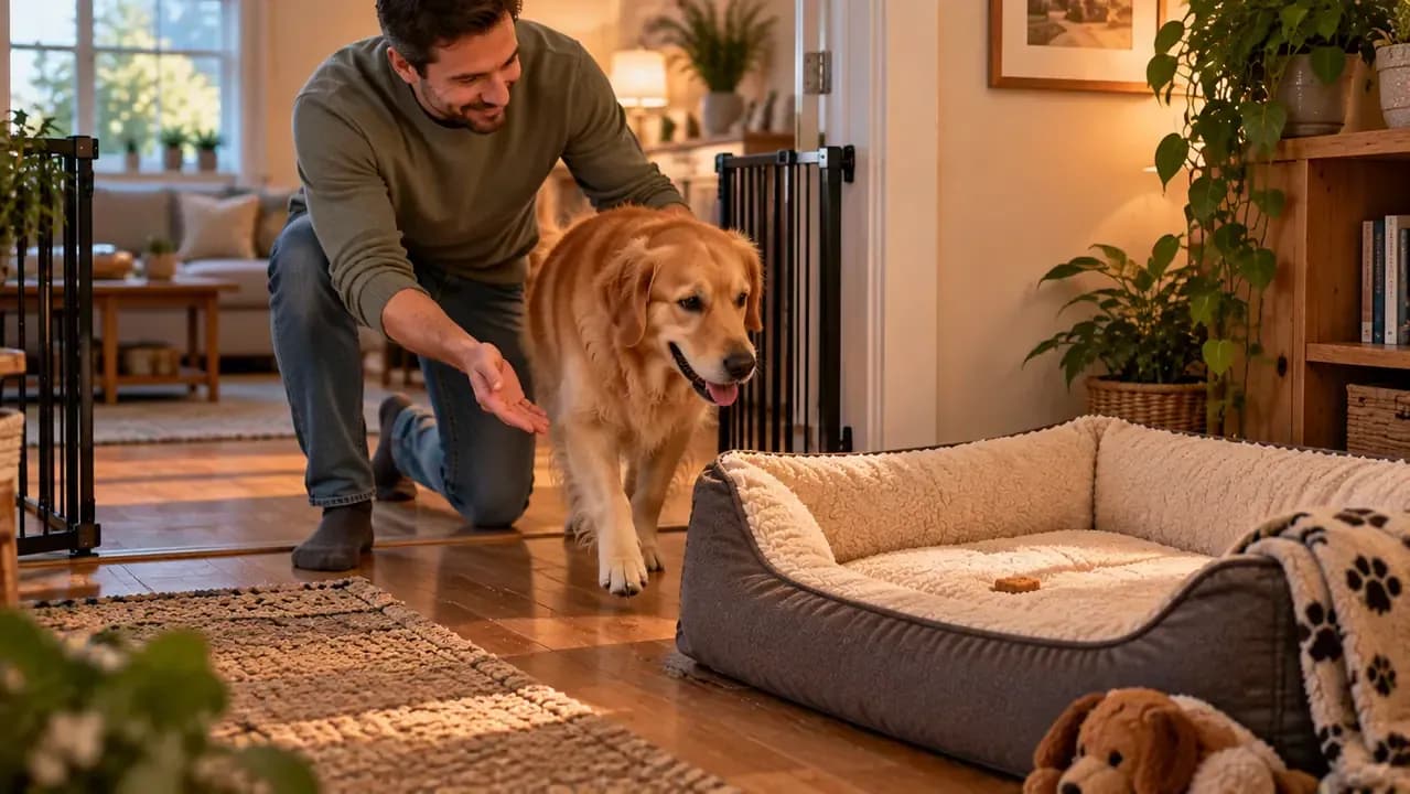 Owner calmly introducing a dog to a new bed with one treat and no closed barrier
