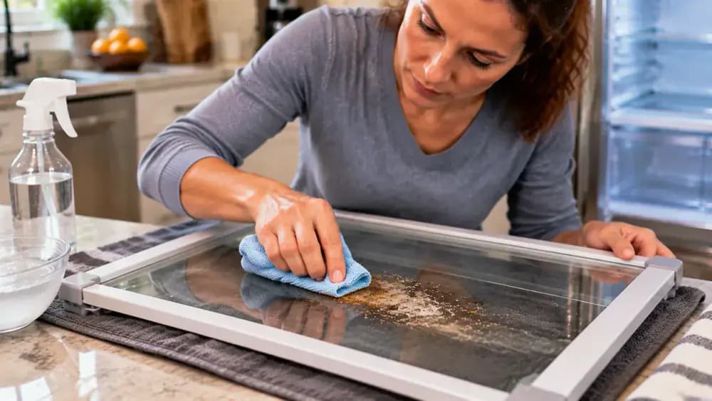 Person using a damp microfiber cloth to soften a hardened sticky spill spot on a refrigerator glass shelf placed on a padded kitchen mat