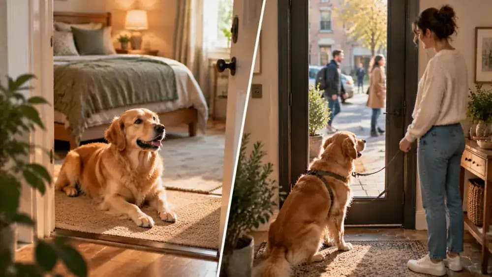 A dog stands naturally beside its owner at a wide interior doorway and looks toward the owner before receiving a treat, with standing and sitting positions shown as alternatives.