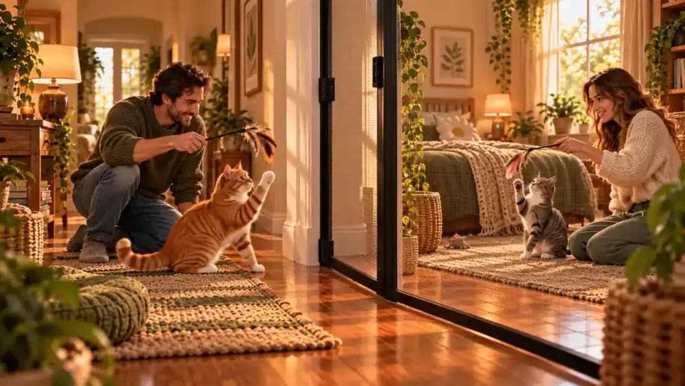 Two adults play separately with Milo and Luna using different wand toys on opposite sides of a mesh barrier