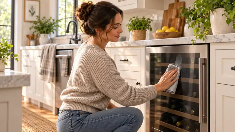 Side view of a person inspecting a stainless steel wine cooler door under ceiling light and wiping a faint center streak vertically with a dry microfiber cloth.