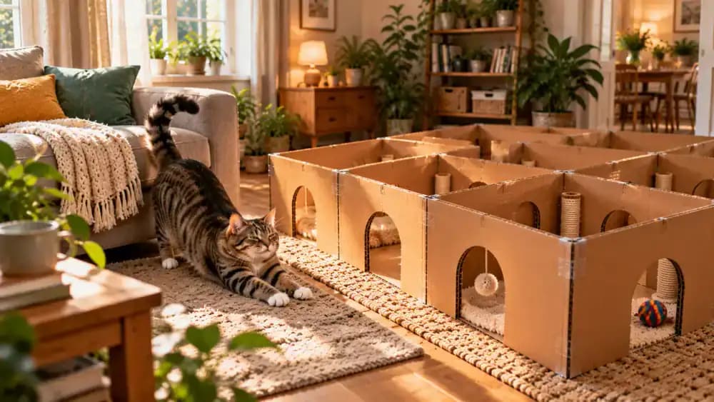 Tabby cat waking naturally from a sofa nap, approaching a cardboard maze in a quiet living room with relaxed ears, and voluntarily returning to explore another chamber.