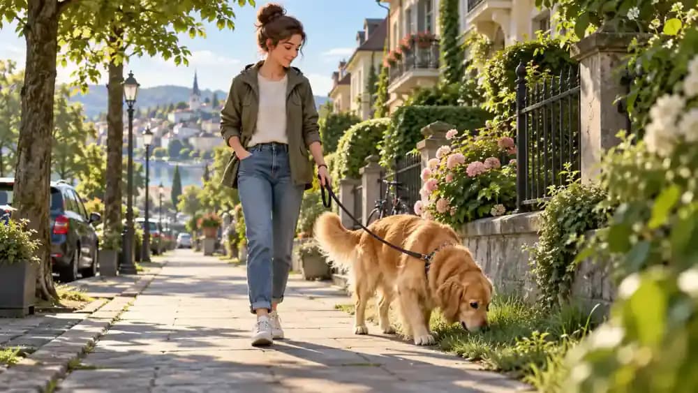 Golden retriever calmly sniffing grass during a short morning walk on a secure leash