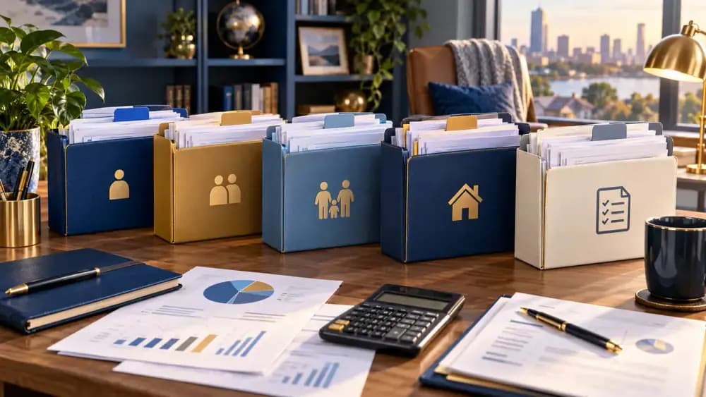 Different taxpayer filing categories shown beside financial documents