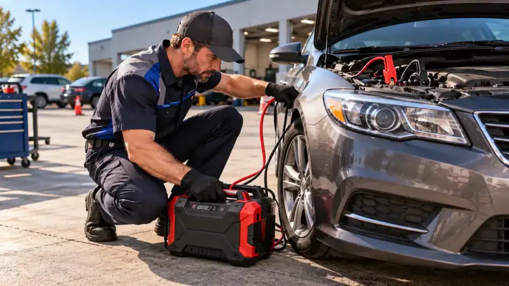Qualified roadside technician using manufacturer-approved equipment to jump-start a safely inspected American sedan while the driver watches from a safe distance.