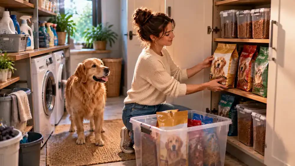 Pet owner moving sealed pet food packages away from detergents and cleaning sprays on a utility room shelf toward a separate food storage cabinet.