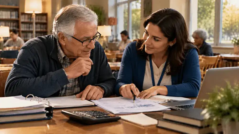 Older adult discussing retirement paperwork with a trained volunteer at a library table.