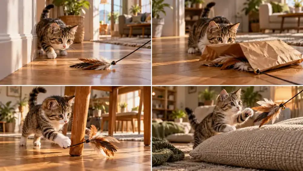 Cat wand toy used with several different movement patterns