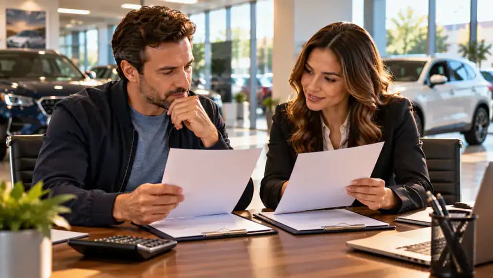 Car buyer comparing two blank financing proposals during a dealership meeting.
