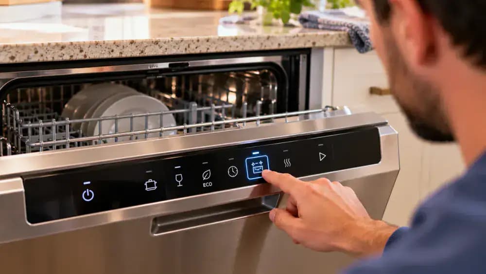 Close-up of a modern dishwasher's illuminated electronic control panel as a person selects the Machine Care cleaning cycle, checks an illustrative instruction card on a nearby cabinet, and presses Start to begin the maintenance program.
