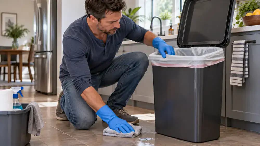 Gloved person checking a trash bag liner and wiping a small spill beside a clean kitchen trash can.