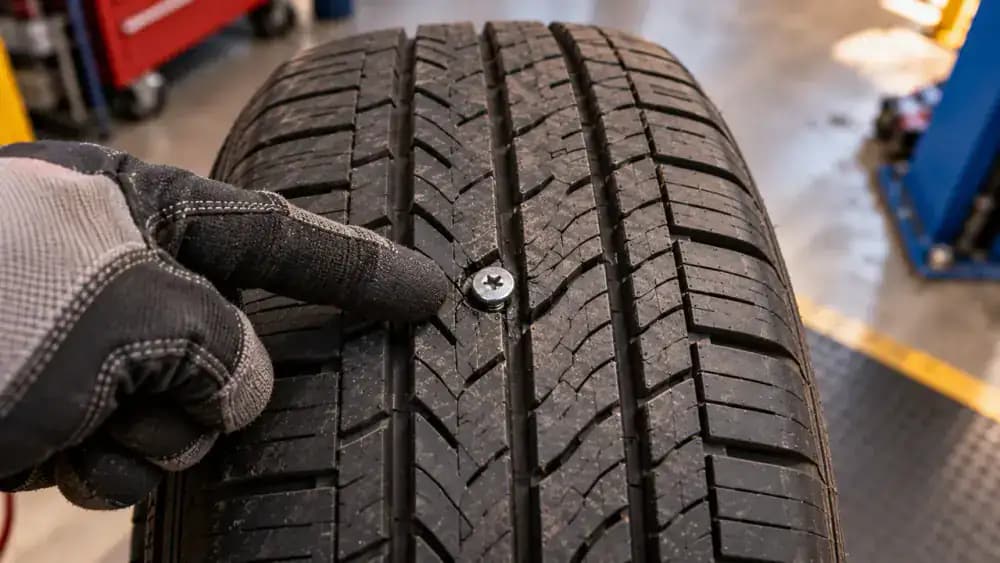 Close-up of a metal screw embedded between tire tread blocks on a workshop inspection table, with an instructor pointing nearby without touching or removing it.