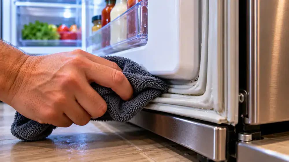 Close-up of a hand gently pressing a folded white cotton towel into the lower gray rubber gasket folds of an open stainless steel refrigerator door to absorb remaining moisture.