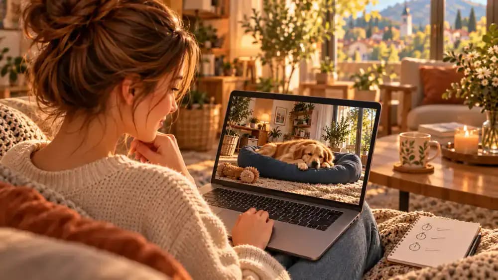 Emma sits at her desk reviewing laptop footage of Bailey resting calmly in the living room. A training notebook beside the laptop records several short, varied practice durations.