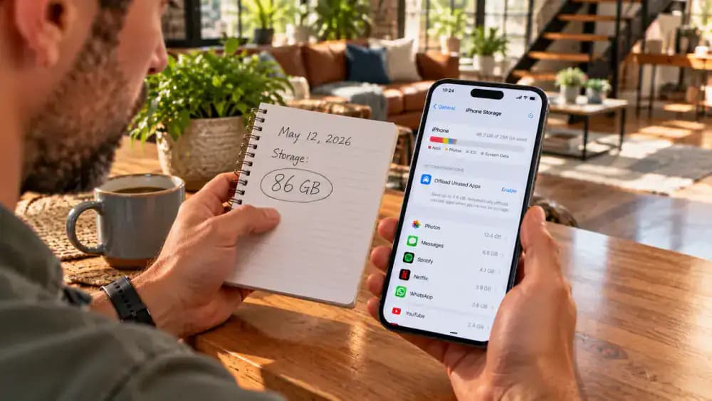 Adult checking an iPhone Storage screen showing 24 GB available on a 128 GB device while comparing it with a handwritten notebook reading of 8 GB available before cleanup.