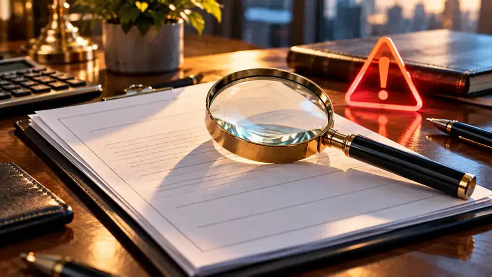 Magnifying glass examining a loan agreement beside a red warning symbol.