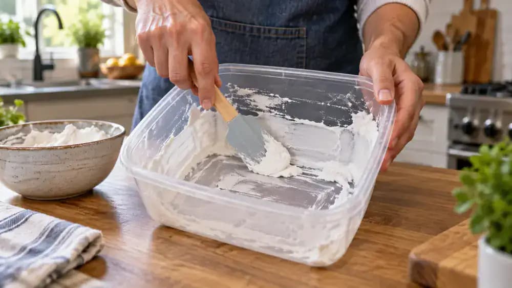 Close-up of hands applying fresh baking soda paste with a silicone spatula inside a transparent plastic food container with orange tomato sauce stains, beside a detached lid, ceramic paste bowl, and light blue silicone mat on a gray kitchen workbench.