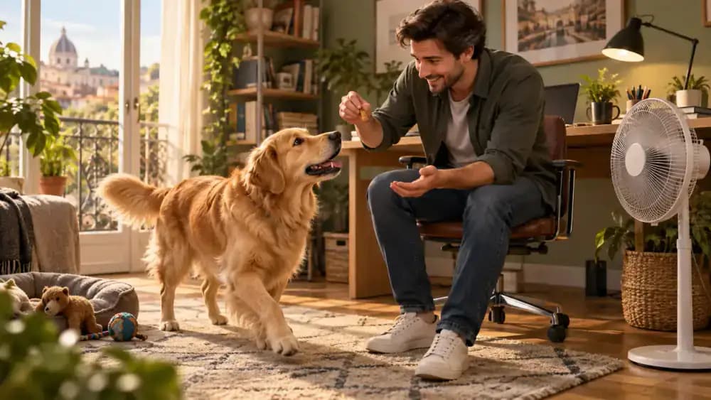 Golden retriever approaching its owner in a home office while a small electric fan runs quietly