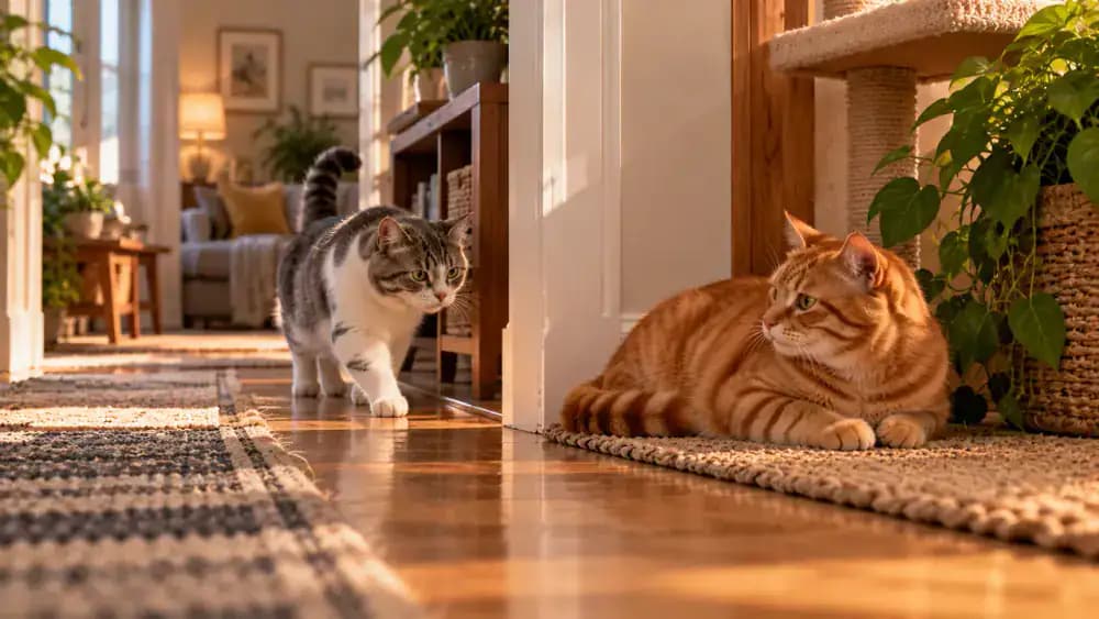 Fluffy gray-and-white cat navigating a modern hallway after its owner moves furniture to create an alternative path around a resting orange tabby.