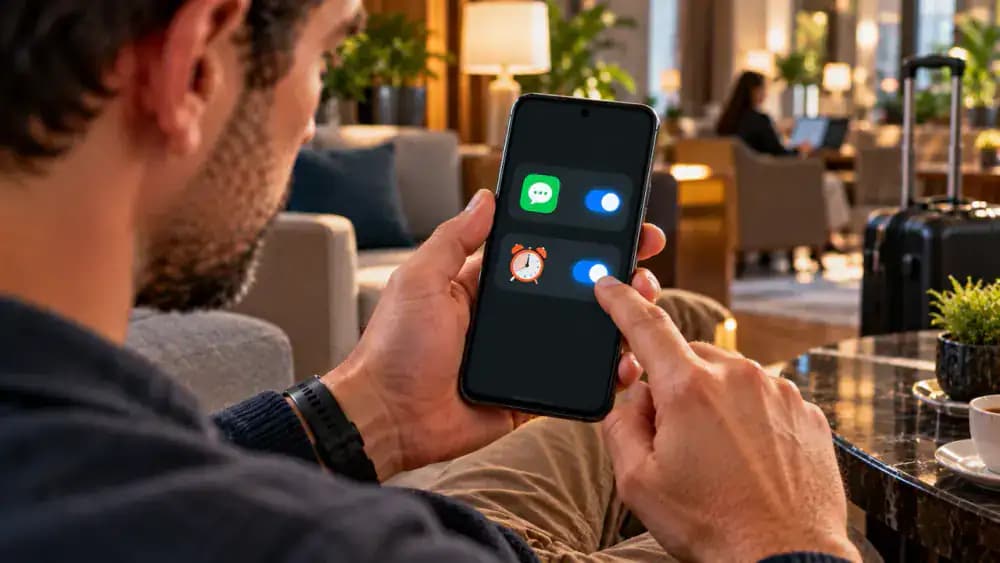 Android smartphone on a stand in a hotel business lounge showing enabled Messages notifications, permitted messaging background activity, Clock alarm notifications, and navigation app location permissions.