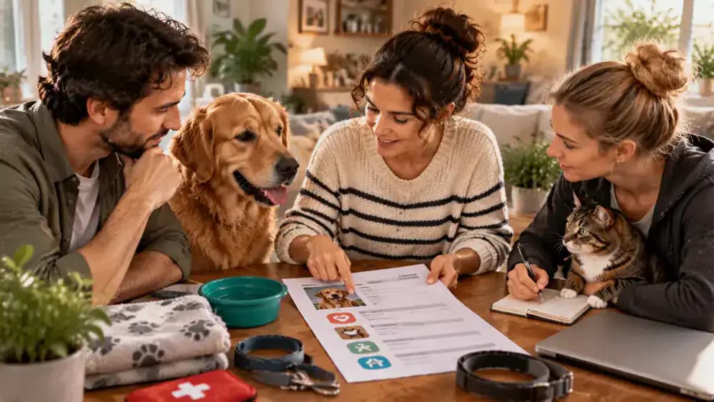 A pet owner reviews an emergency plan with a partner and pet sitter at a dining table, using a printed care sheet that lists the veterinarian's number, registry name, and document location.