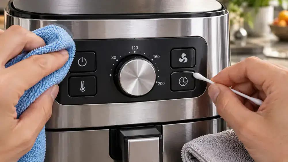 Close-up of an unplugged appliance control panel being cleaned around buttons and a knob with a barely damp microfiber cloth and cotton swab, followed by a dry swab.