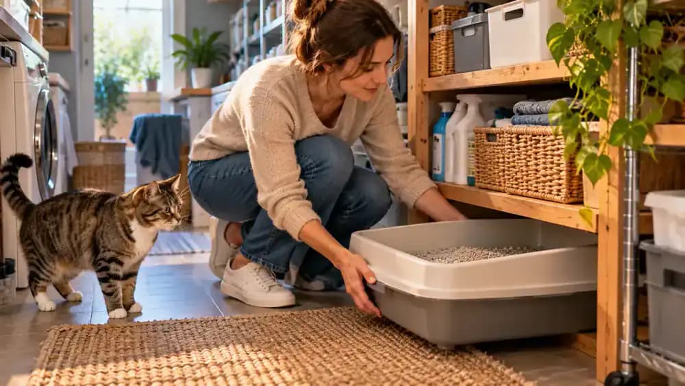 Owner struggling to lift a litter tray beneath crowded utility room shelving, followed by a reorganized cleaning area where the owner scoops litter, lifts the box, and wipes the floor.