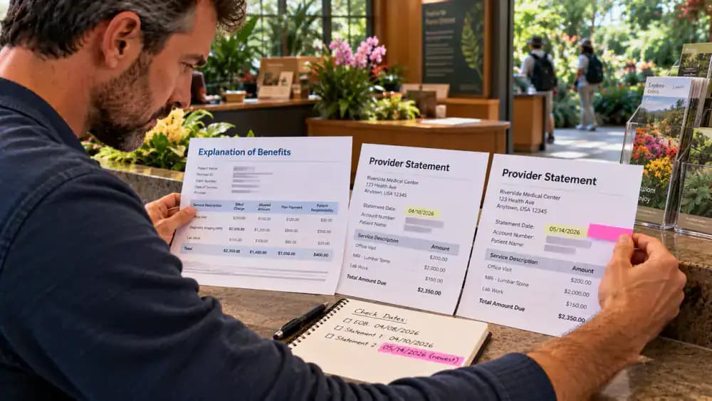 Adult at a botanical garden visitor center comparing a fictional Explanation of Benefits with two provider statements bearing different dates, marking the newest date and noting to confirm the latest claim status.
