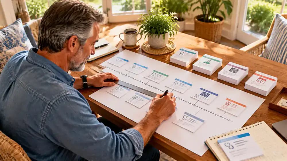 Patient using a ruler and pen to create a medical history timeline on white paper, listing fictional primary care visits, referral submissions, imaging appointments, and follow-up visits with one date marked approximate.