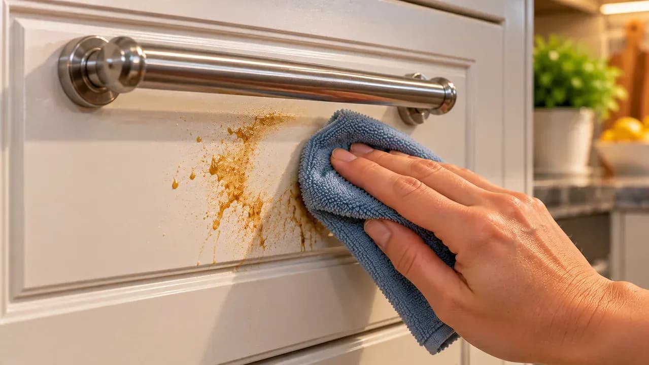 Close-up of a hand lightly wiping one small greasy spot on a painted cabinet panel with a freshly folded, barely damp microfiber cloth while the surrounding paint stays dry.