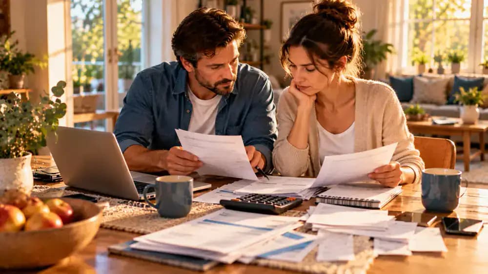 Two working adults comparing pay records and household expenses at a shared dining table.