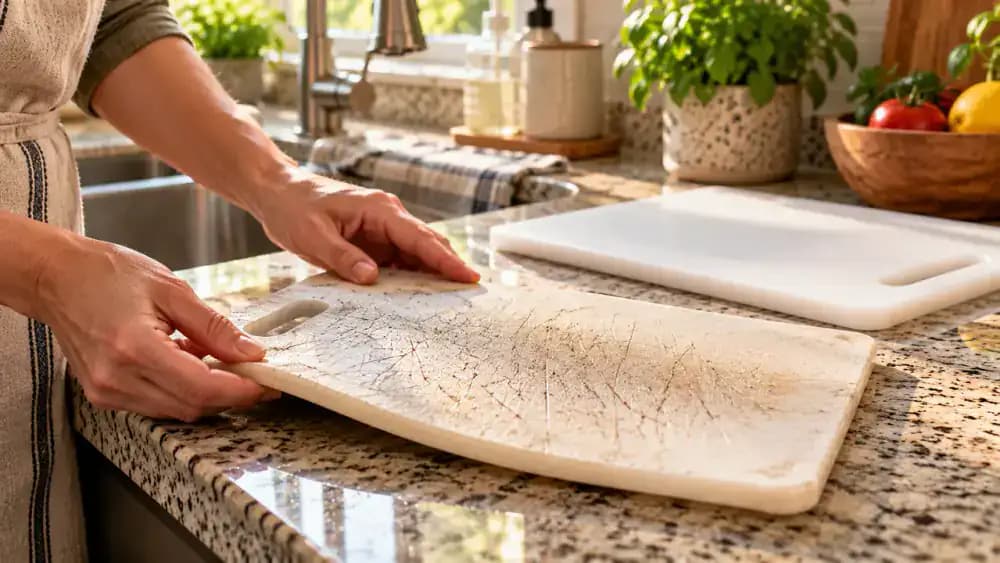 Dry plastic cutting board inspected under side lighting, with deep knife grooves casting shadows while a hand checks the surface and corners for warping