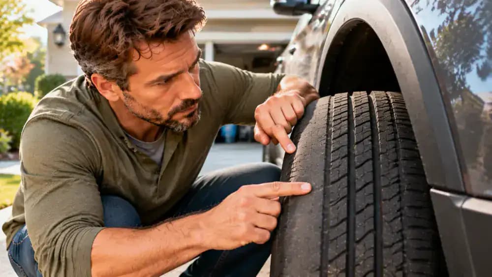 Driver holding a mechanical tread depth gauge beside a parked SUV tire, comparing shallow outer shoulder tread with deeper center grooves and a maintenance reference card nearby.