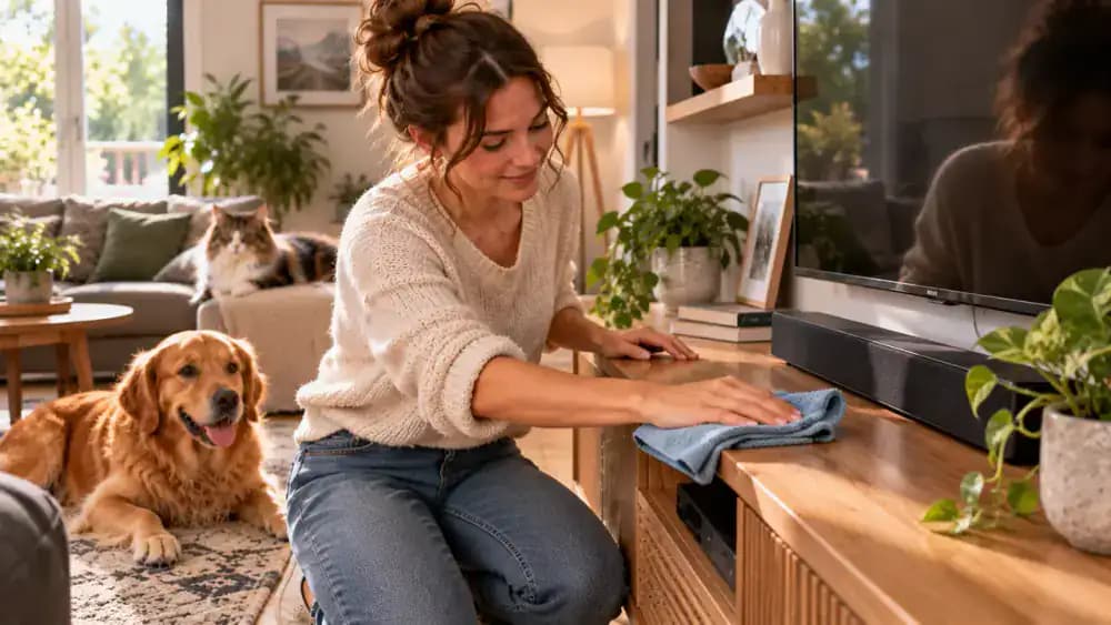 Microfiber cloth removing pet hair from a shelf near electronics