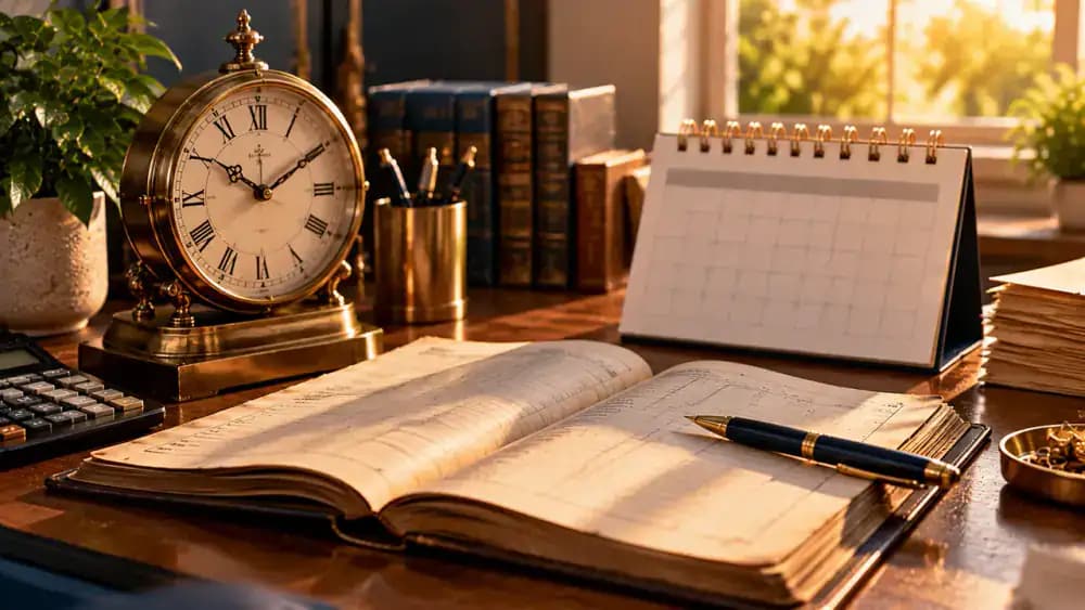 A vintage clock beside an old payment ledger and a calendar with unmarked dates.
