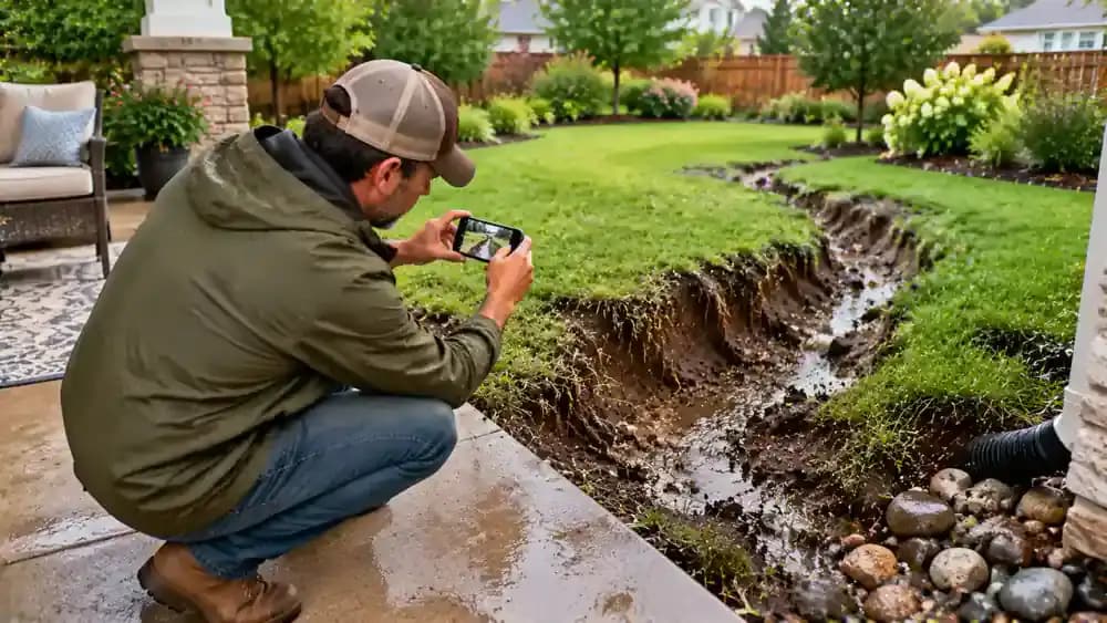 Homeowner standing on a dry concrete patio photographing a pronounced erosion channel in a suburban lawn, with exposed grass roots, washed-away soil, and wet turf visible after heavy rainfall.