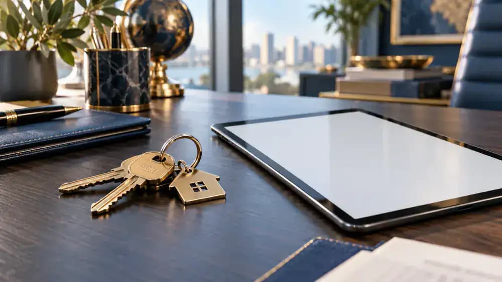 Traditional house keys beside a modern tablet on a polished real estate office desk.