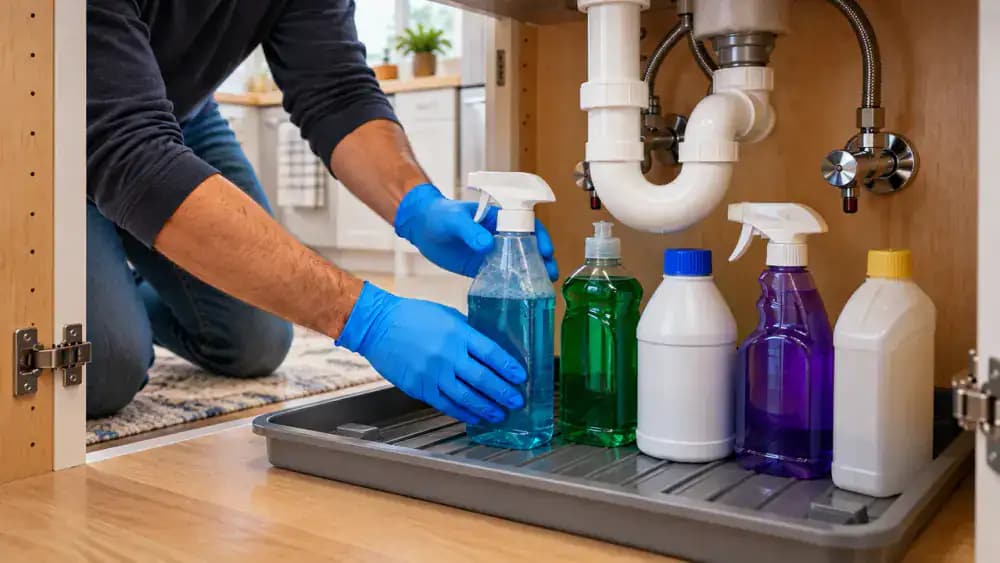 Interior view of a clean kitchen sink cabinet showing blue-gloved hands arranging sealed, labeled cleaning bottles upright in a waterproof plastic tray, with heavier bottles at the rear, smaller bottles at the front, and unobstructed plumbing and water shutoff valves above.