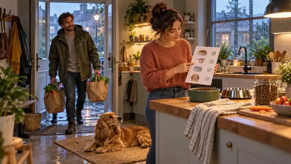 Adult caregiver reviewing a pet feeding binder and emergency contact list in a rainy suburban kitchen while another adult hands over a backup checklist beside a resting Cocker Spaniel.
