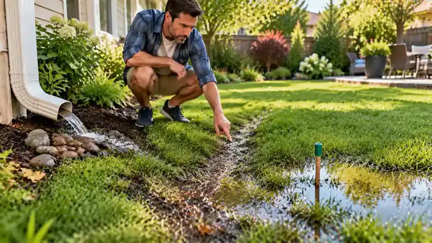 Homeowner using a garden stake to trace runoff from a backyard downspout toward a waterlogged lawn patch while recording the drainage path.