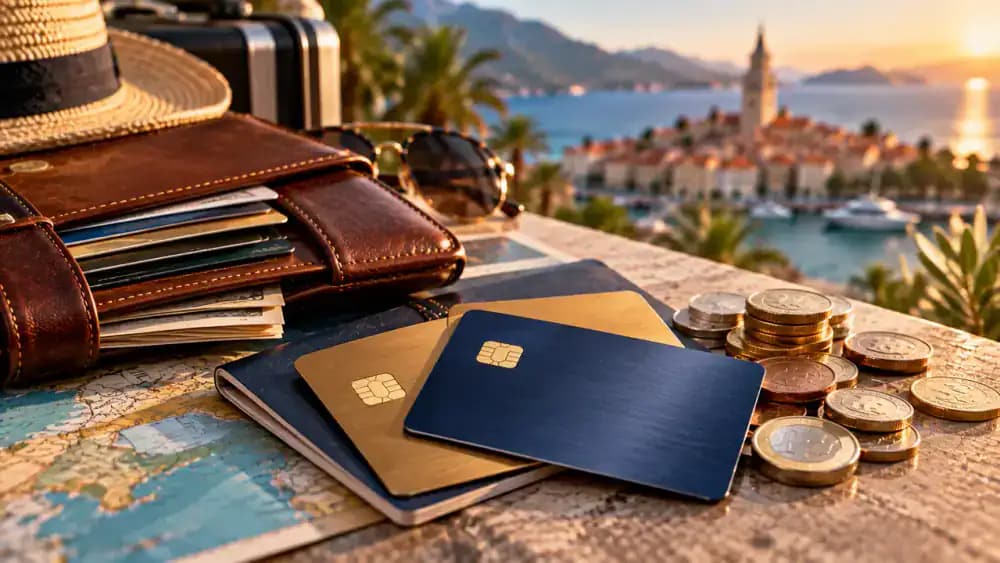 Unbranded credit card and debit card positioned beside a travel wallet and foreign currency.
