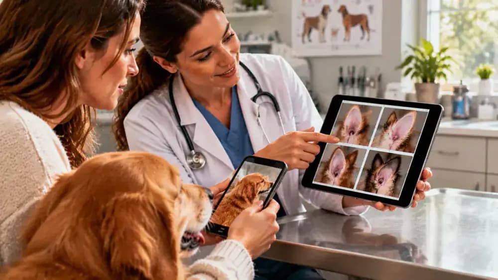 Veterinarian showing an owner photographs of healthy canine ears on a tablet while the owner compares them with a photo of their own dog and writes down questions.