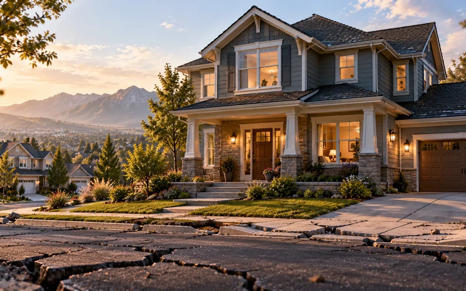 Suburban home in earthquake-prone landscape