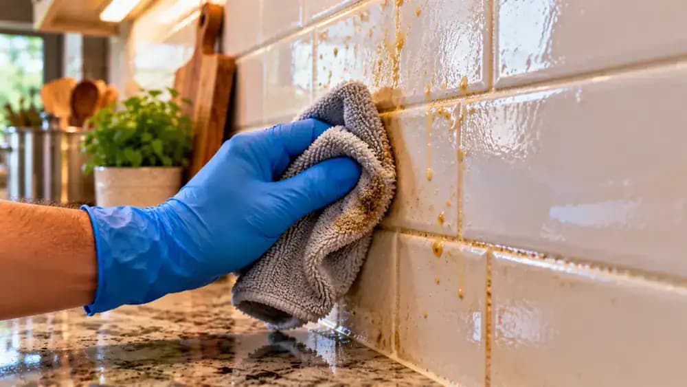 Close-up of blue-gloved hands pressing a folded, damp white microfiber cloth against brushed grout between cream ceramic kitchen backsplash tiles, lifting gray-brown grease residue and refolding the cloth to expose a clean section.