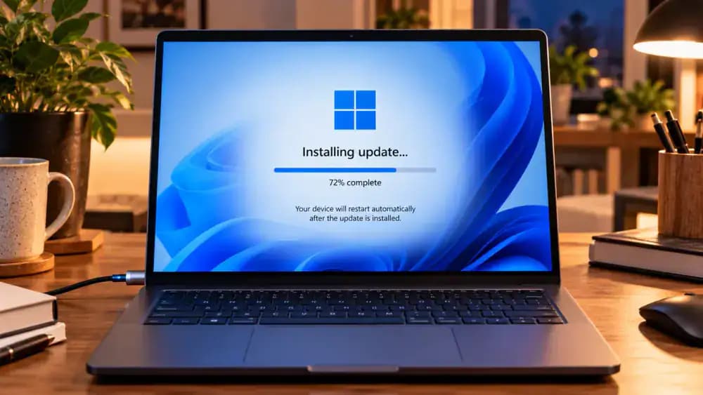 Windows 11 laptop connected to its power adapter, displaying the official Windows Update page with an available cumulative update, installation progress, and a restart notification.