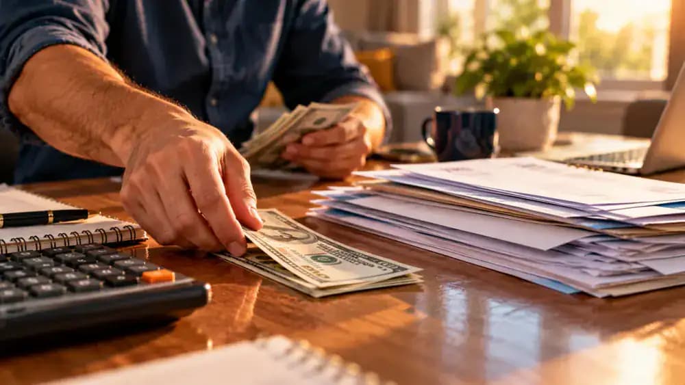 Hand placing a small amount of cash beside a larger stack of unpaid bills.