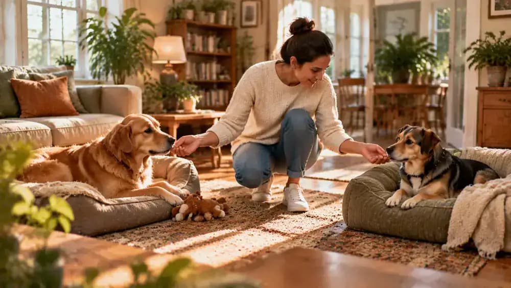 Owner practicing recall separately with the resident dog and newly adopted dog before two handlers guide the dogs in opposite directions during a supervised meeting.
