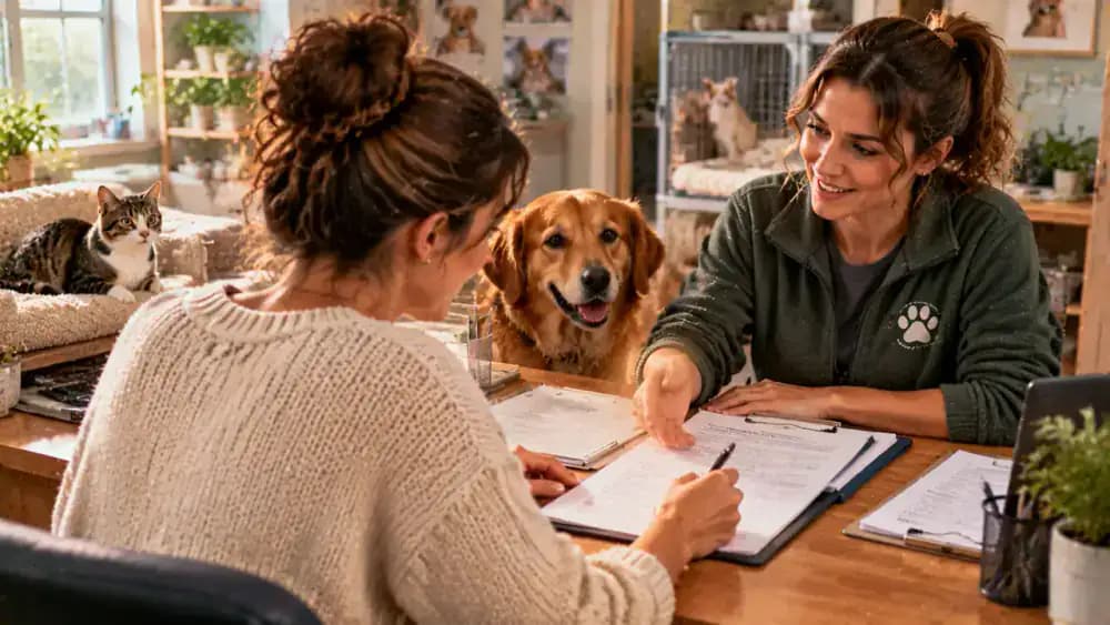Adopter reviews an adoption agreement at a rescue organization office while a staff member explains return policies and post-adoption support, with highlighted clauses and handwritten notes on the desk.