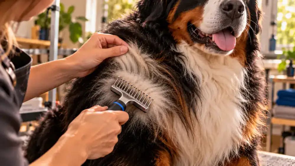 Calm Bernese Mountain Dog standing on a non-slip grooming platform while its owner gently lifts dense chest fur with a rounded-tip grooming tool, revealing loose undercoat beneath longer protective hairs.